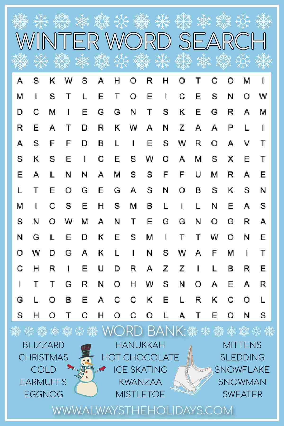 free winter word search printable - with answer key included